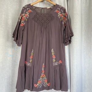 Embroidered Floral Gray Boho Dress